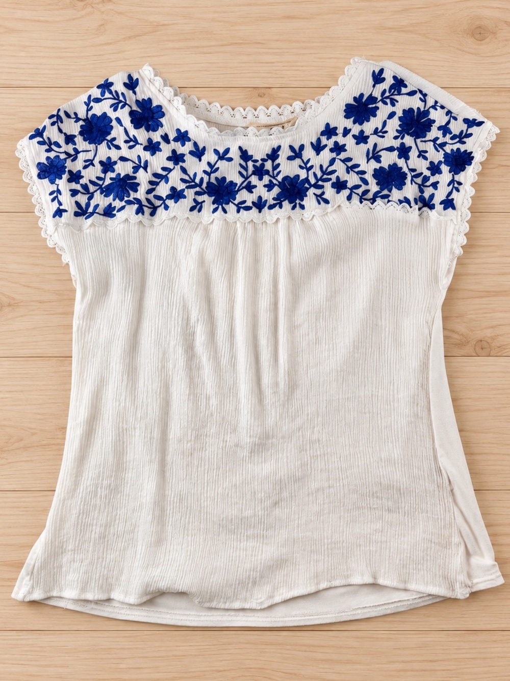 White Embroidered Yoke Blouse with Blue Floral Detail